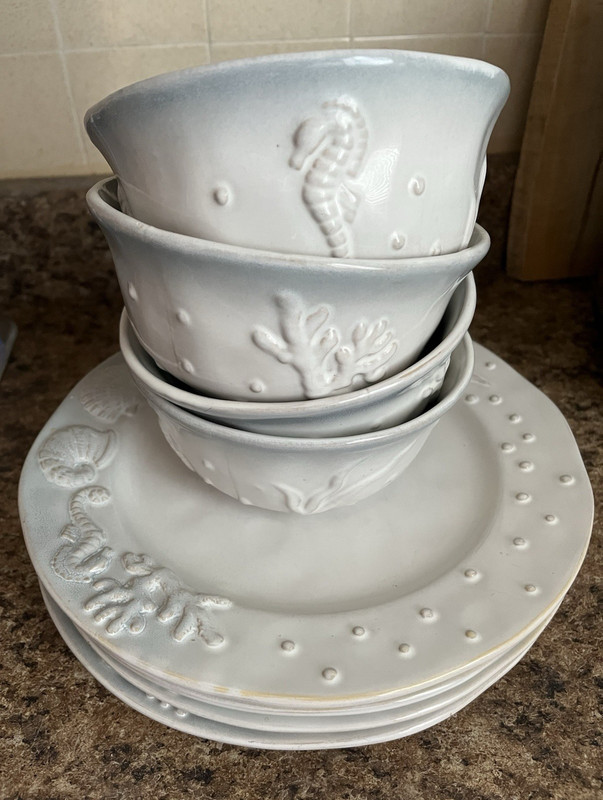 8 piece Gibson Elite White Blue Coastal Beach  dishes
