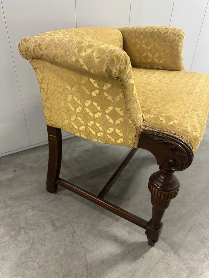 Taburete tocador antiguo vintage con respaldo enrollado silla lateral o banco tapizado Foto 3 de 4