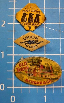 3 Vintage Tobacco Tags Old Tavern Berdan & Co, Union Knot, & 3 Black Crows 