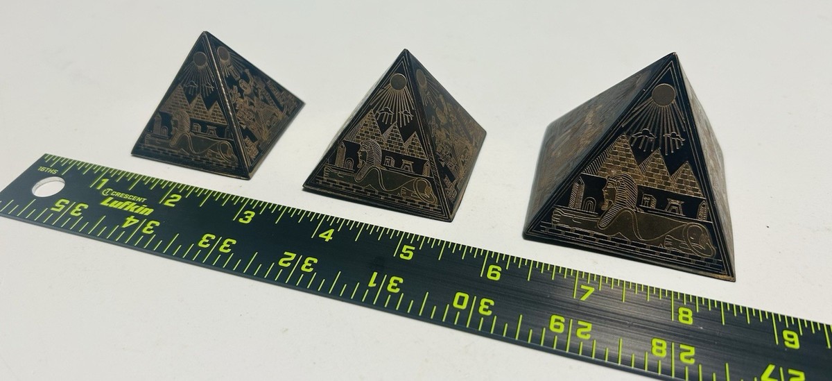 Set 3 Vintage Egyptian Pyramid Hieroglyphics Paperweight Etched