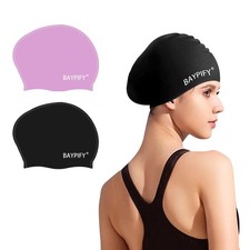 Baypify 2 Pack Swim Cap for Women Adult, Silicone Medium, Purple black