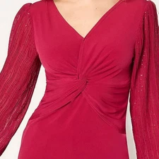 Susan Graver Occasions 1X Raspberry Liquid Knit Twist-Front Top w/Pleat Sleeves