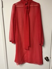 Red Chiffon Shift Dress Sheer Knee Length Bow High Neck Long Balloon Sleeve