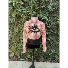 Upcycled cropped men's dress shirt - Orange plaid eyelashes