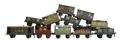 1920's Carette & Bassett-Lowke 0-gauge LOT of 11 Tin and Wooden Freight Wagons