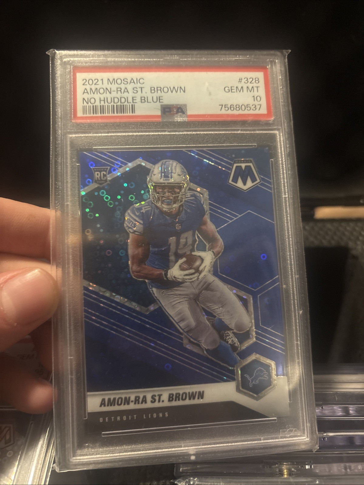 2021 Panini Mosaic Amon-Ra St. Brown No Huddle Blue /75 #328 PSA 10 Gem Mint RC