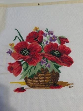Completed Finished Cross Stitch Handmade Gift Unframed Flowers Floral Nature RED