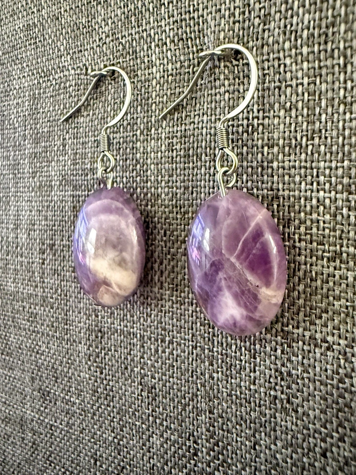 Brincos Houndstooth de ametista natural aço inoxidável gancho francês joias do sudoeste - Imagem 3 de 4