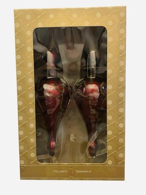 DILLARDS TRIMMINGS Blown Glass 2 PC Teardrop Red Gold Iridescent 8.5  Ornaments