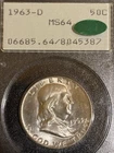 1963 D Franklin Half Old PCGS “RATTLER “ & CAC! MS 64 Ogh Old Green Holder