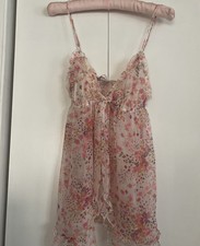 Victoria's Secret Floral Chemise Babydoll Nightie Medium Sheer Pink White Open