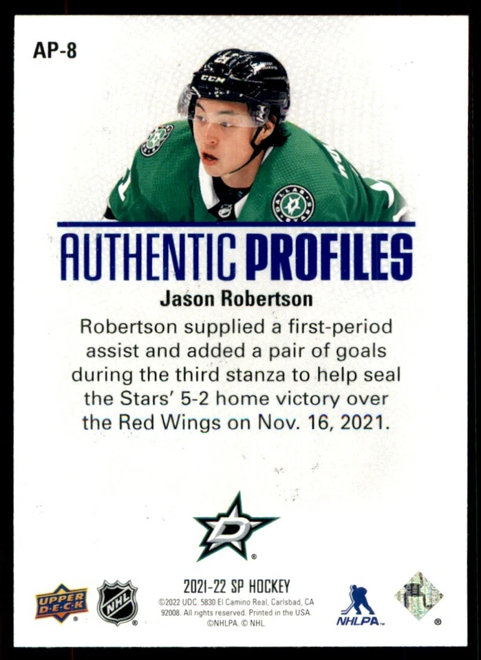 2021-22 SP Hockey Authentic Profiles Blue Jason Robertson #AP-8 - Image 2 of 2