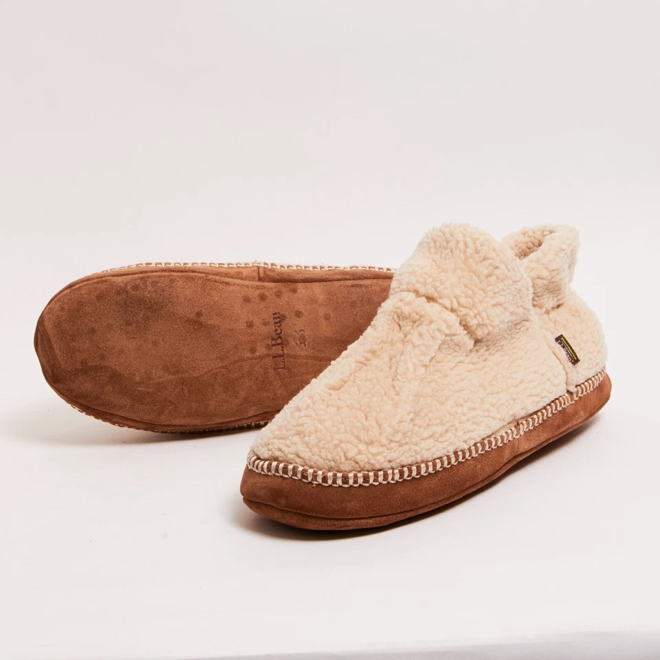 LL Bean 舒适拖鞋短靴儿童男女通用奶油色象牙色抓绒懒人夏尔巴 12-13 — 第 2/4 张图片