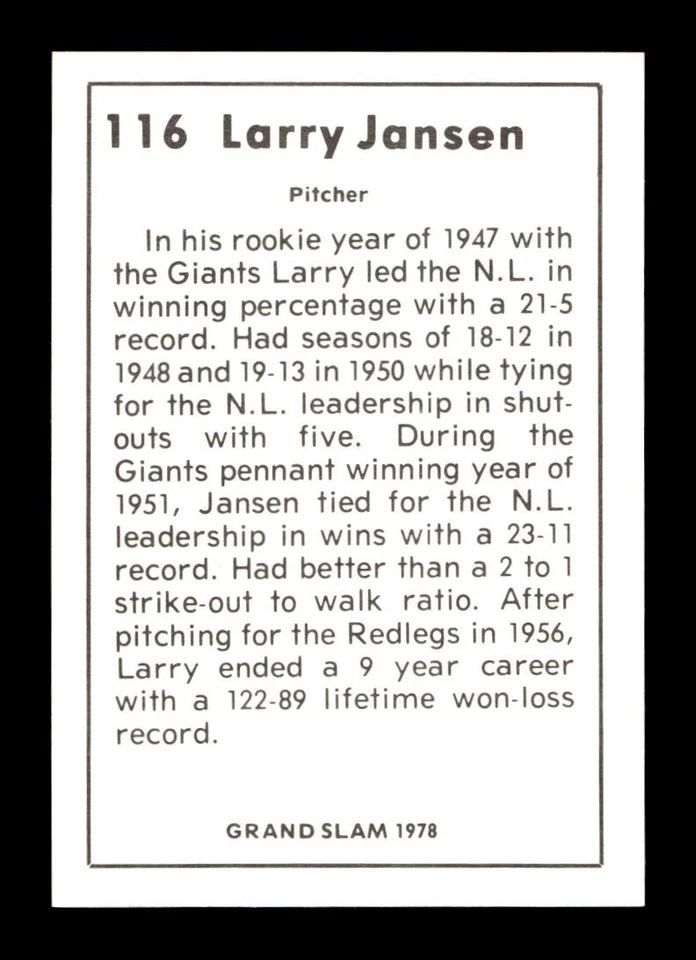 1978 Grand Slam #116 Larry Jansen Giants NEAR MINT *9q - Image 2 of 2