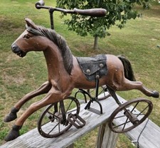 AWESOME Vtg. Wood, Leather Metal Tricycle Hand Carved Horse 23"L x 17.5"H x 9"