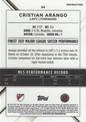 Tarjetas comunes base de fútbol Topps Finest Major League 2022 (51-60) refractor MLS - Imagen 4 de 20