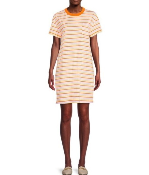 orange striped t shirt dress Orange White Striped Oversized T-Shirt Dress 2XS