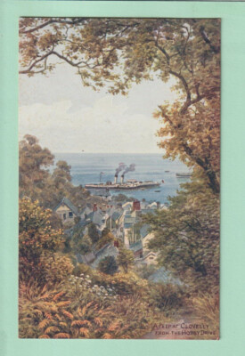 Eine R Quinton Postkarte - Ein Blick auf Clovelly vom Hobby Drive - Lachs *2946