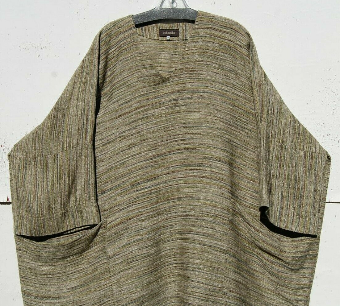 Eskandar OLIVE MULTI COLOR STRIPED 36" to 40" Long Oversized Tunic Front Pocket image 4