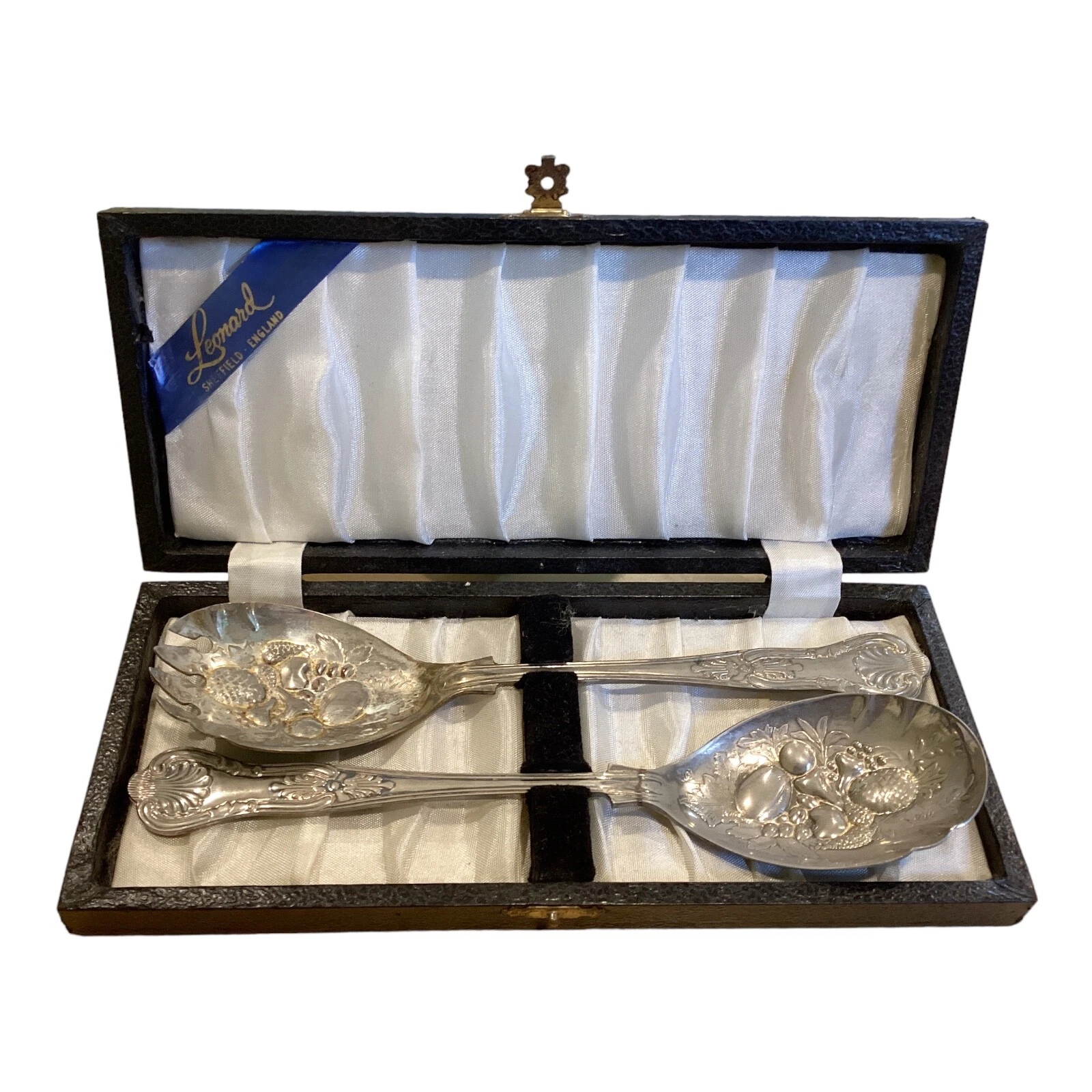 Vintage Leonard Sheffield England - Salad Serving Spoons - Fruit Design