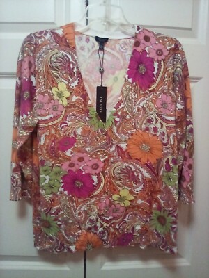 Talbots Cardigan Sweater 1XP Pink Orange Lime Floral V-Neck 3/4 Slv Cotton+ NWT