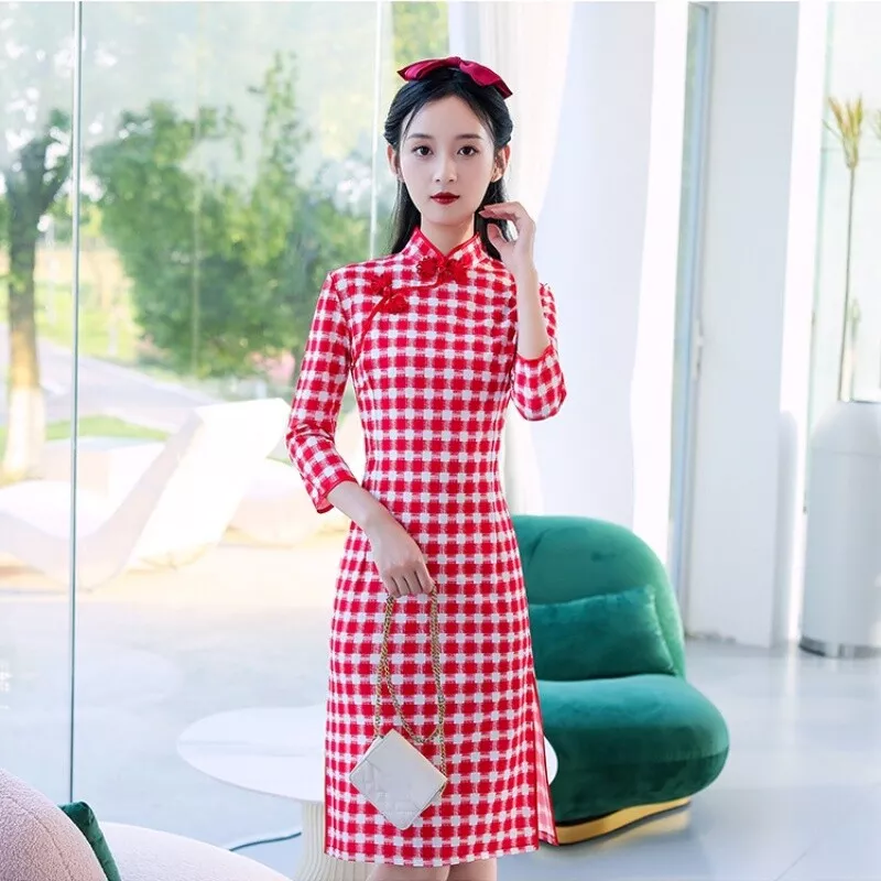 Lady Check Plaid Cheongsam Chinese Midi Dress 3 4 Sleeve Prom
