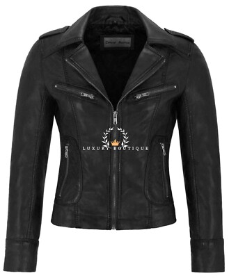 Damen schwarze Lederjacke Mode Biker Style 100% echtes Napa Lammleder Leder