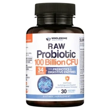 Wholesome Wellness Raw Probiotic Digestive Enzymes 100 Billion Cfu 30 Pills