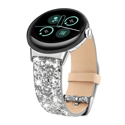 Silver Leather Bling Watch Band Strap for Google Pixel Watch/Pixel Watch 2