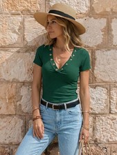 Women's Ribbed Knit V-Neck T-Shirt Button Detail Fitted Top Casual Summer Tee