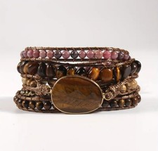 Boho Brown Stone Oval Faceted Stone 5-Layer Beaded Adjustable Wrap Bracelet