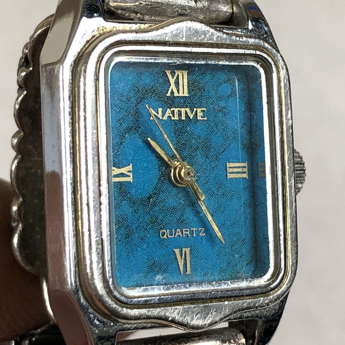 Vintage Native Sterling Silver Turquoise Coral Quartz Watch 
