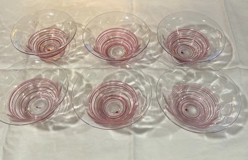 6 Carder Steuben Tiffany Era SIGNED Ruby Pink Cranberry Threaded Dessert Bowls