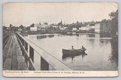 1911 Milton NH Salmon Falls River R.R. Bridge Canoe L.M. Hart Postcard