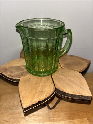 HAZEL ATLAS Vintage Uranium Glass Block Pattern Creamer Pitcher Vaseline Glow