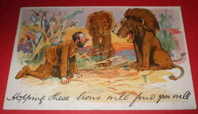1906 Comic JÄGER WIRD GEFRESSEN HOFFE DIESE LÖWEN FINDEN DICH GUT MIT WÖRTERN SPIELEN
