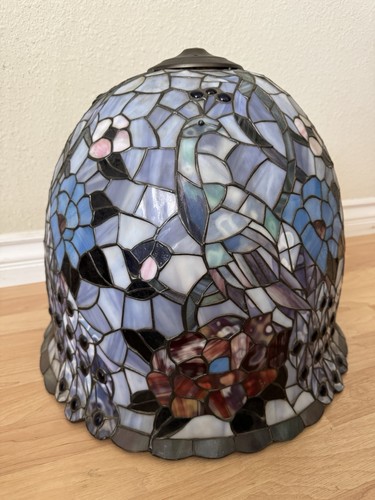 Vintage Tiffany Style Blue Floral Peacock Large Dome Lamp Shade Art Nouveau - Picture 1 of 16