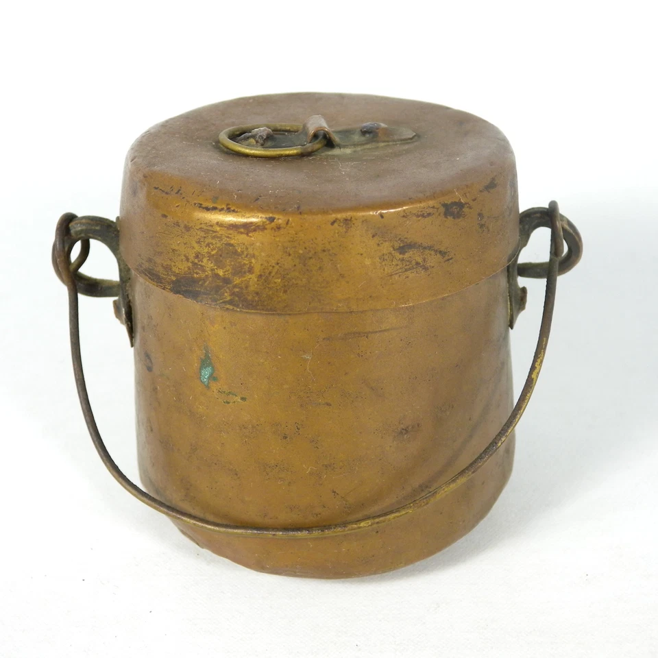ANTICO PICCOLO PAIOLO PENTOLINO CONTENITORE PAIOLINO IN RAME + COPERCHIO h 8 cm - Immagine 3 di 4