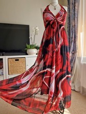 List Woman Red Abstract Halter Maxi Dress Plunge Floaty Chiffon XL UK 14-16