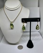Upcycled Green & Black Stripe Uranium Art Glass Leverback Earrings & Pendant Set