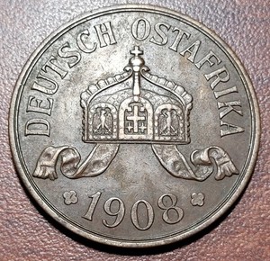 GERMAN E. AFRICA Tanzania 1908 J 5 Heller KM 11 VF Scarce Crown Sz Copper Coin