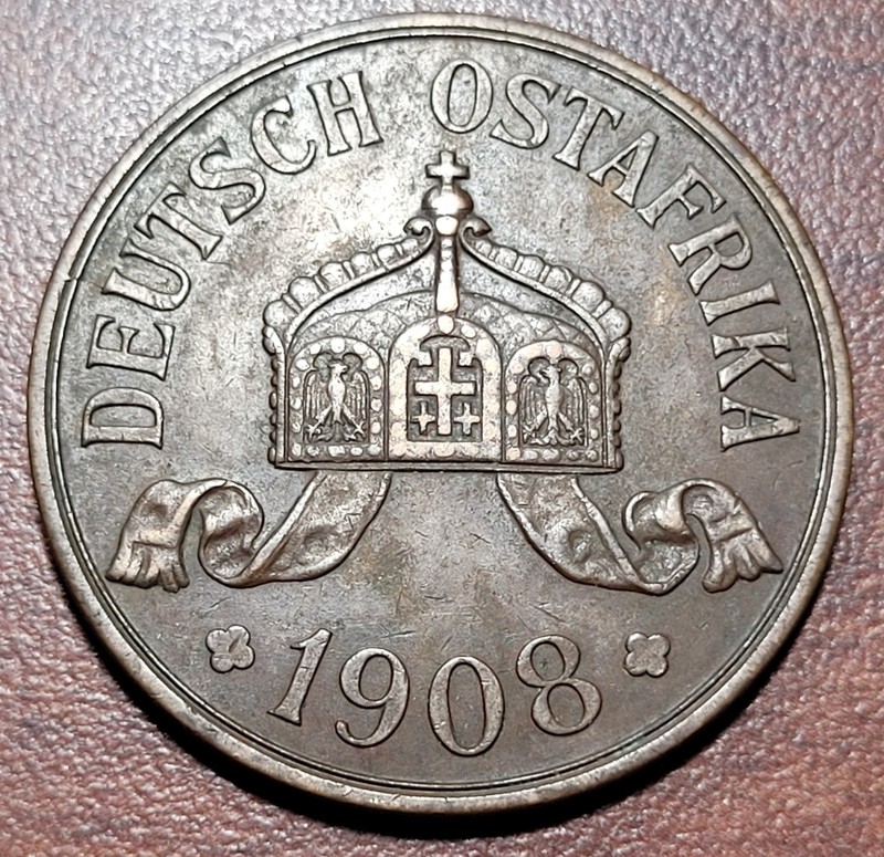 GERMAN E. AFRICA Tanzania 1908 J 5 Heller KM 11 VF Scarce Crown Sz Copper Coin