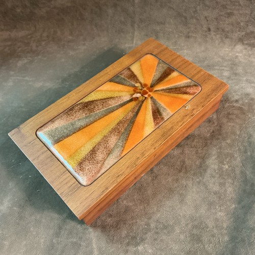 Mid-century modern 1970s Bovano Connecticut wood box Enamel Top Geometric