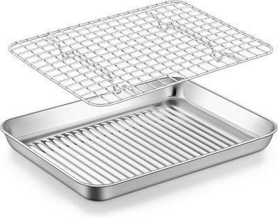 10.5 Inch Stainless Steel Baking Pan with Cooling Rack Toaster Oven Tray Grid Bo