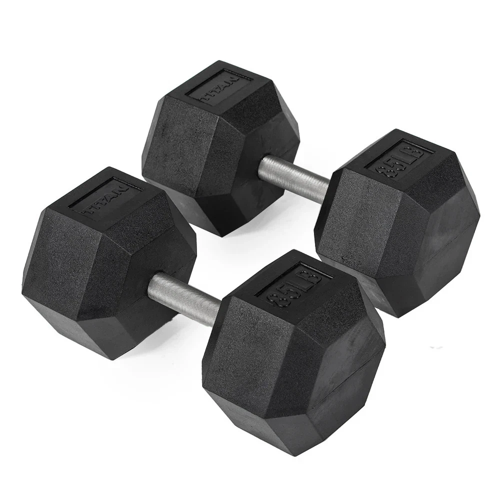 Titan Fitness 85 LB Pair Free Weights, Black Rubber Coated Hex Dumbbell, Straigh
Opens in a new wind