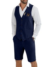 Tiefony Men's Linen 2 Piece Suit Slim Fit Wedding Groom Groomsmen Summer Vest