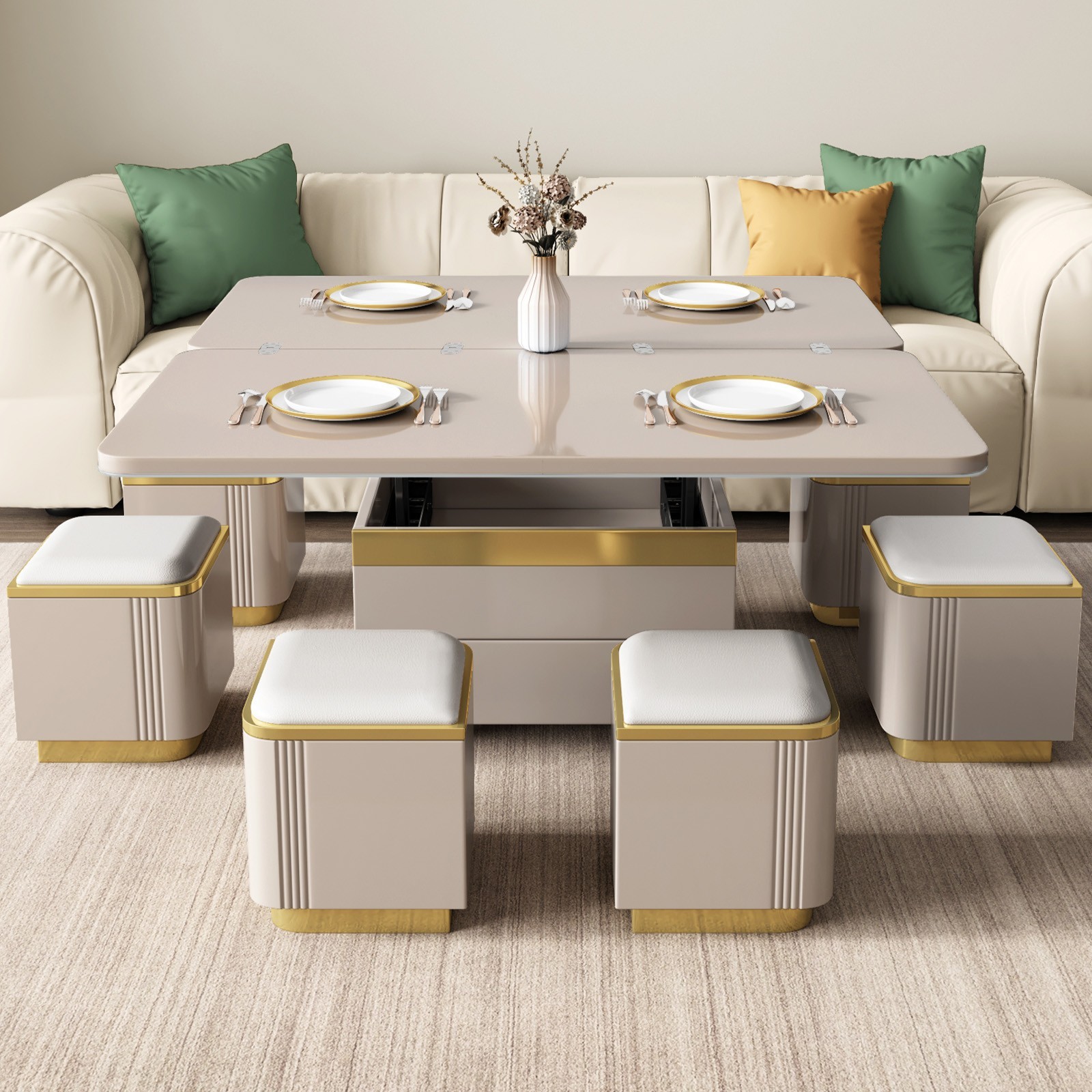 3 in-1 Multi-Function Lift Top Coffee Table with 4 Stools Modern Coffee Table