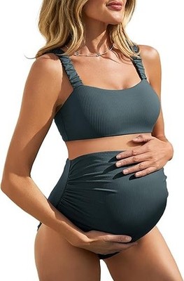 (12) Summer Mae Ribbed Pregnancy Swimwear - Tie Crop Top & Belly Support Bikini