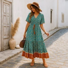 R Vivimos Bohemian Dress Large Blue Teal Green Floral Maxi A Line Boho Flowy