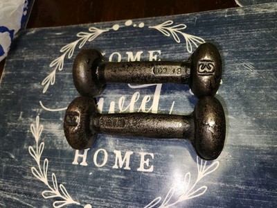 Pair Of Vintage BFCO 3 Pound Round Bun Style Cast Iron Dumbbells 3lbs Set